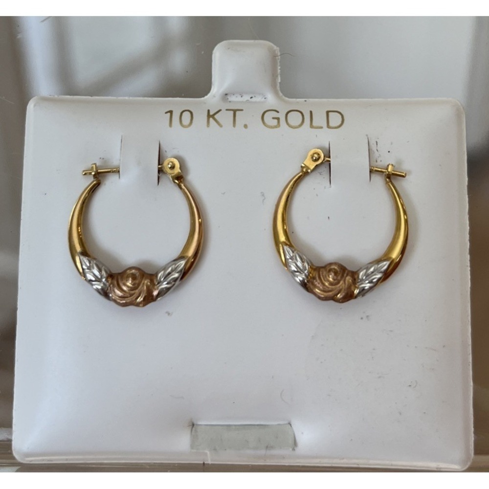 10K  Yellow White Rose Gold Petite Hoop‎ Earrings Floral Design Made Bolivia VTG